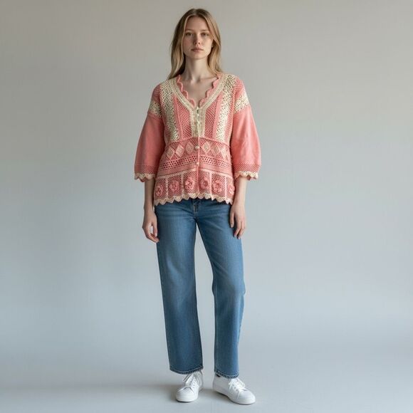 NWT STORYBOOK KNITS Women’s Cardigan 2X Coral Crochet Lace Button Front Sweater - Picture 16 of 16